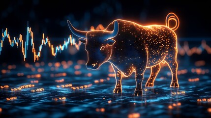 Poster - Glowing Digital Bull with Neon Lights on Financial Graph Background : Generative AI