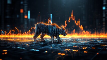 Poster - Futuristic Bear Hologram in a Digital City with Stock Market Trends : Generative AI