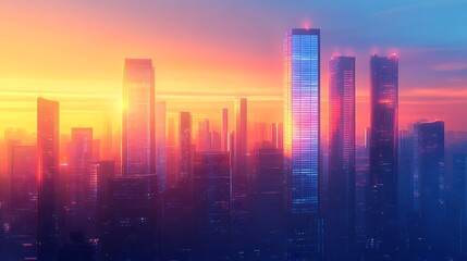 Aufkleber - Vibrant Cityscape at Dusk With Illuminated Skyscrapers and Colorful Sky : Generative AI