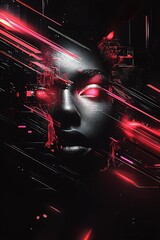 Poster - Abstract Neon Portrait with Luminous Red and Black Digital Effects : Generative AI