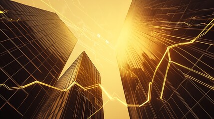 Poster - Golden Skyscrapers Against the Sky with Abstract Financial Data Lines Depicting Urban Growth : Generative AI