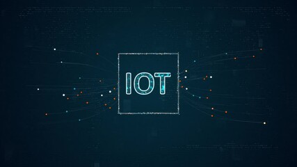 Fototapete - Motion graphic of Blue digital IOT logo with particles dot spread on abstract background with internet of things concepts