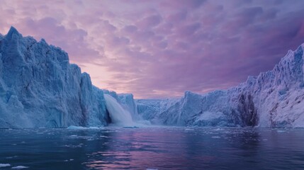 Poster - An awe-inspiring view of a colossal glacier calving into a fjord under the soft hues of an Arctic sunset, Arctic glacier calving scene, Cinematic style