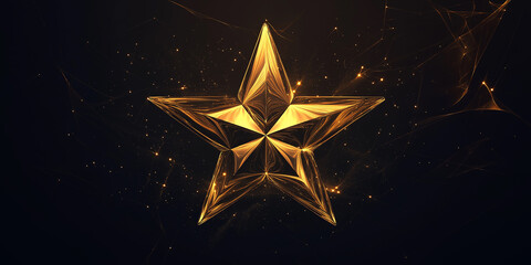 Poster - Golden glowing star shining on dark background with particles