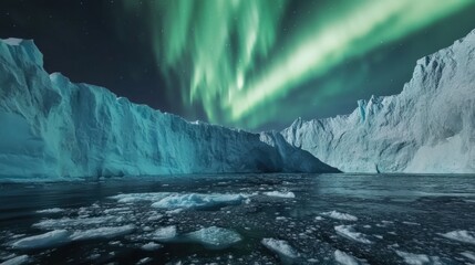 Poster - An awe-inspiring view of a massive glacier calving into a fjord under a vibrant Arctic sunset, Arctic glacier calving scene, Cinematic style