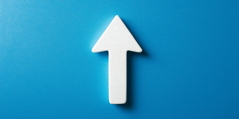 Poster - White arrow pointing up on blue background representing growth and success