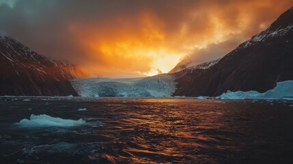 Poster - An awe-inspiring view of a massive glacier calving into a fjord under the shimmering lights of the Aurora Australis in Antarctica, Antarctic glacier aurora scene, Cinematic style