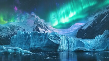Poster - An awe-inspiring view of a massive glacier calving into a fjord under the soft glow of a midnight Arctic sun, Arctic glacier calving scene, Cinematic style