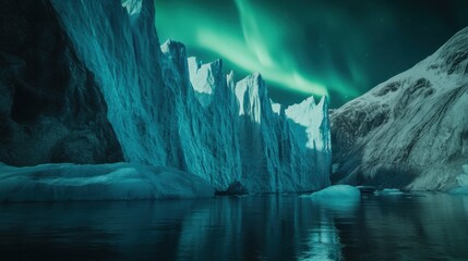 Poster - An awe-inspiring view of a massive glacier calving into a fjord under the vibrant hues of an Arctic sunset, Arctic glacier calving scene, Cinematic style