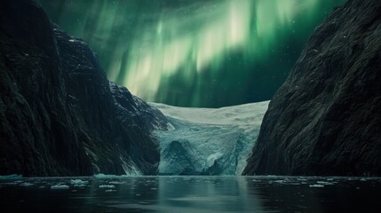 Poster - An awe-inspiring view of a massive glacier calving into a fjord under the vibrant hues of an Arctic sunset, Arctic glacier calving scene, Cinematic style