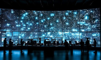 Poster - A high-tech control room with silhouettes against a digital display of data and information.