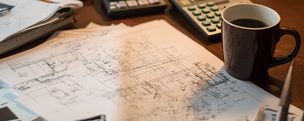 Poster - A workspace featuring blueprints, a calculator, and a coffee cup.