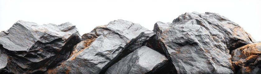 Poster - A detailed close-up of rough granite rock, sharp textures set against a white backdrop, illuminated with side lighting to enhance depth perception.