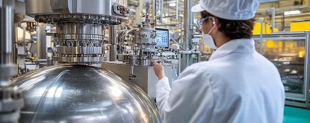 Poster - A technician operates machinery in a modern industrial facility.