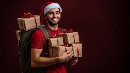 Wall Mural - Smiling man wearing santa hat carrying christmas gifts and backpack