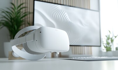 Poster - A modern workspace featuring a VR headset and a large screen with abstract design.