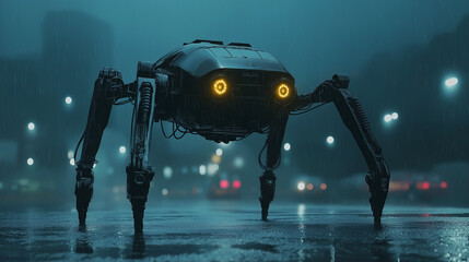 Poster - Futuristic robot walking on rainy city street at night