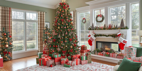 Poster - Christmas tree illuminating cozy living room with festive decorations