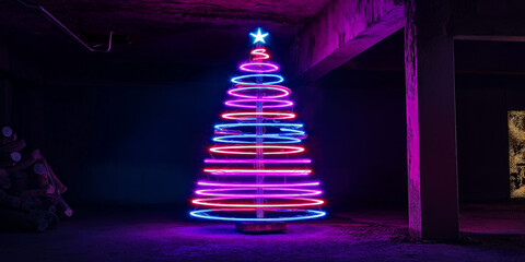 Poster - Glowing neon christmas tree illuminating dark industrial room