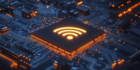 Poster - Wifi symbol glowing on computer motherboard chip: wireless technology and network connectivity