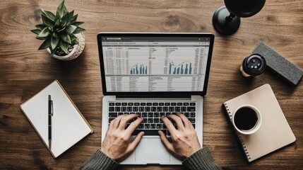 Poster - A person typing on a laptop with charts, coffee, and plants on a wooden desk.