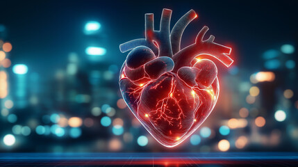 Aufkleber - Glowing anatomical 3d heart beating over city skyline at night