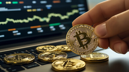 Poster - Trader holding bitcoin over laptop showing cryptocurrency chart