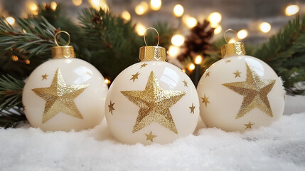 Poster - Christmas ornaments with gold stars resting on snow with twinkling lights