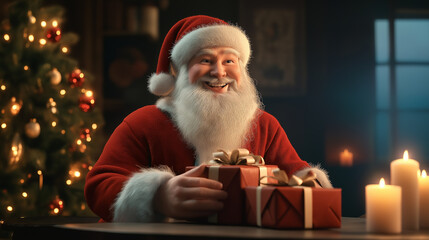 Poster - Santa claus giving christmas presents near christmas tree and candles