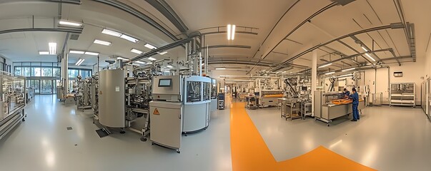 Poster - A panoramic view of a modern manufacturing facility with machinery and workstations.