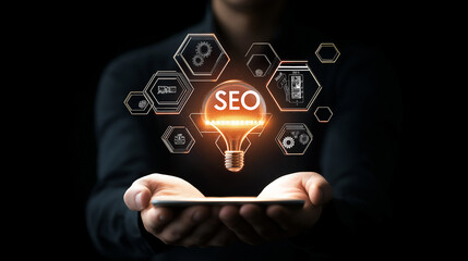 Aufkleber - Businessman holding smartphone and showing seo concepts in light bulb shape