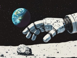 Poster - Astronaut hand reaching for earth space digital art cosmic landscape futuristic concept