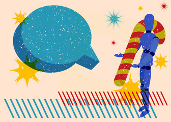 Poster - Risograph Wooden puppet holding Candy Cane with speech bubble with geometric shapes. Objects in trendy riso graph print texture style design with geometry elements.