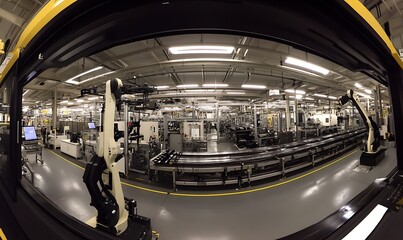 Poster - A panoramic view of a modern manufacturing facility with robotic arms and assembly lines.