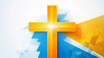 Wall Mural - Golden christian cross shining with bright light on abstract blue and orange background