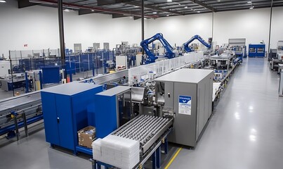 Poster - A modern industrial facility with robotic arms and automated machinery for production.