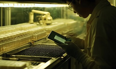 Poster - A scientist using a tablet in a lab filled with test tubes and equipment.