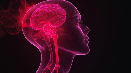 Poster - Human brain glowing inside female head wireframe model showing nervous system anatomy
