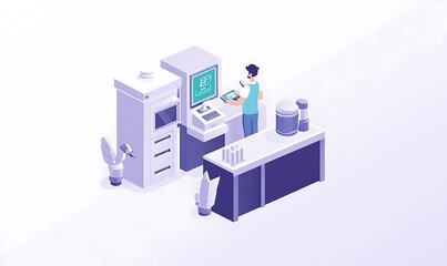Poster - A person interacting with a computer and office equipment in a modern workspace.