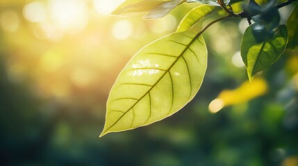 Wall Mural - Close-up of green leaf on blurred background under sunlight with bokeh. Natural simplicity. Nature