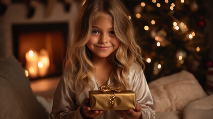 Poster - Cute girl holding christmas gift near illuminated fireplace and christmas tree