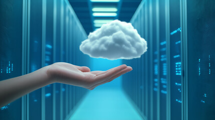 Poster - Hand holding cloud computing symbol in server room