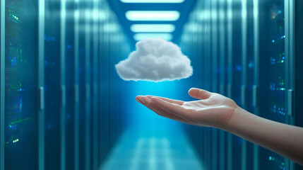 Aufkleber - Hand holding cloud computing symbol in server room corridor
