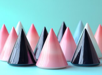 Poster - Abstract cones in pink, blue and black on a blue background.