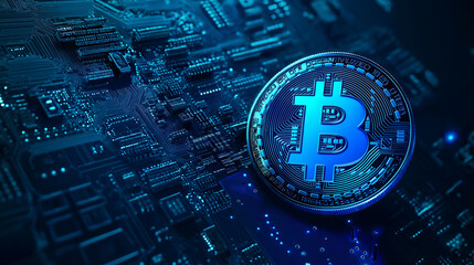 Poster - Bitcoin cryptocurrency coin resting on computer motherboard circuit board