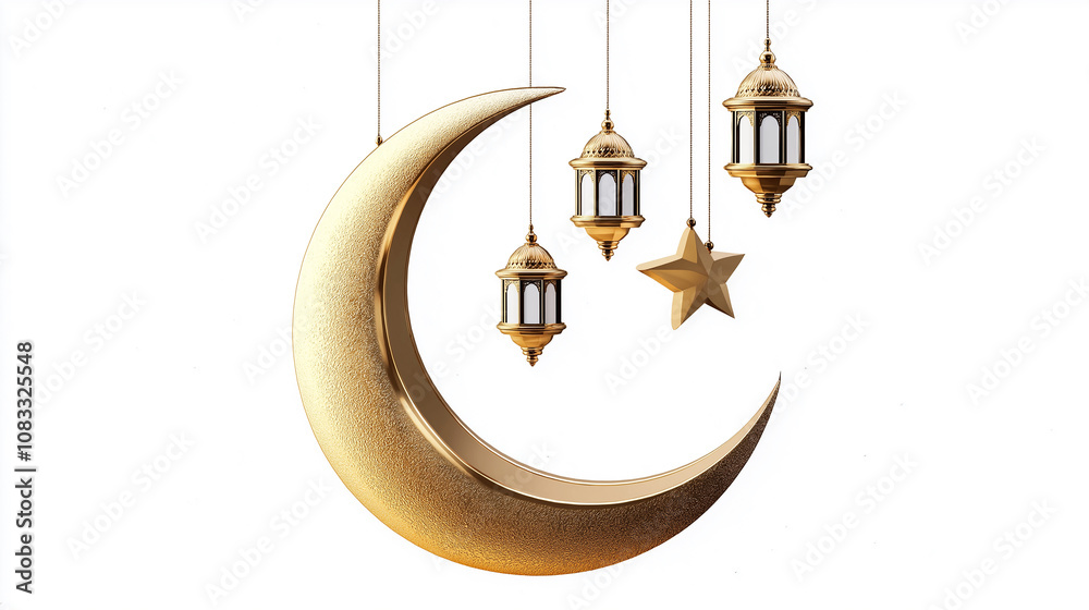 Golden crescent moon hanging with traditional arabic lanterns and star ...