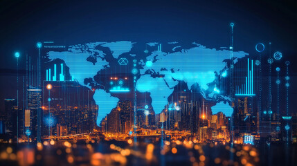 Poster - Futuristic global business and technology connecting world map over cityscape