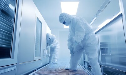 Poster - Two individuals in protective suits working in a sterile, high-tech laboratory environment.