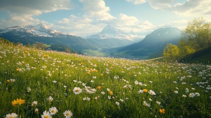 Wall Mural - Mountain landscape in the with blooming meadows, serene showcasing beauty of spring. Nature