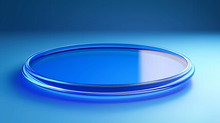 Poster - Empty round glass podium on blue background illuminating light